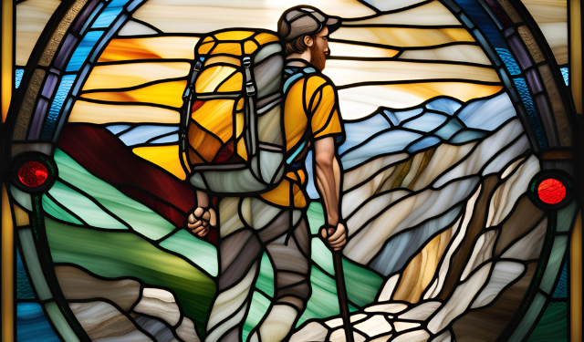 Stained glass window of a man hiking.