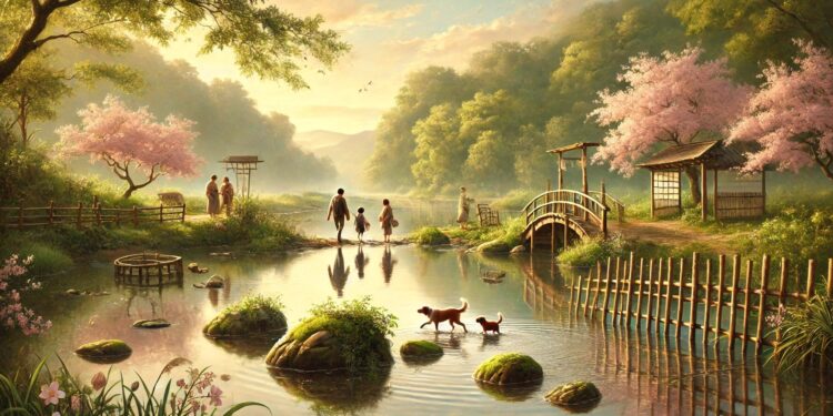 A serene, peaceful scene reflecting the Japanese concept of Wabi Sabi